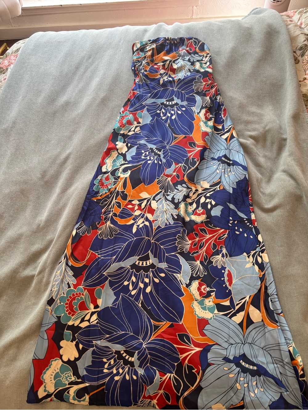 Express Strapless Floral Maxi Dress in Navy with Light Blue and Orange Accents